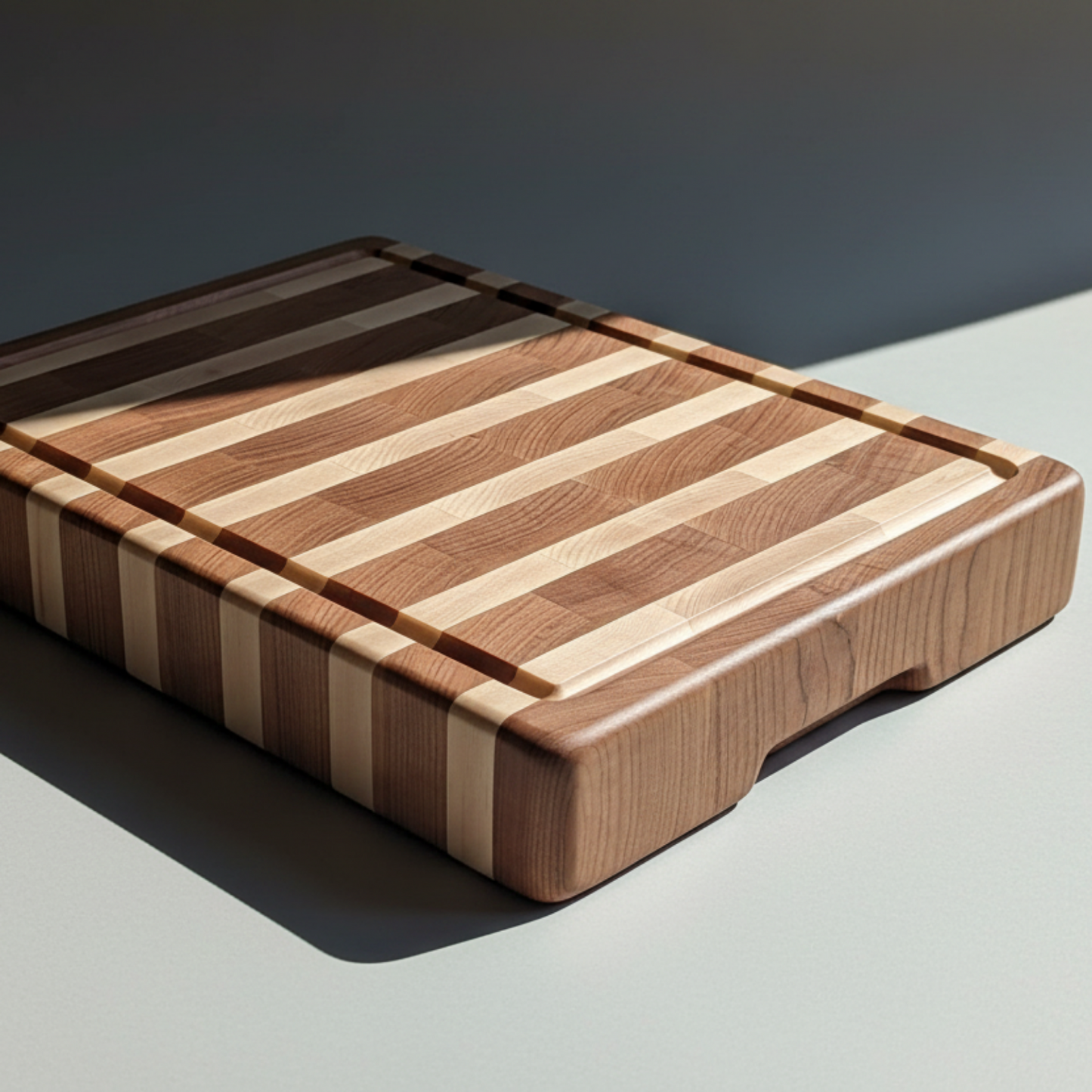 Wooden cutting board with striped pattern on a gray surface