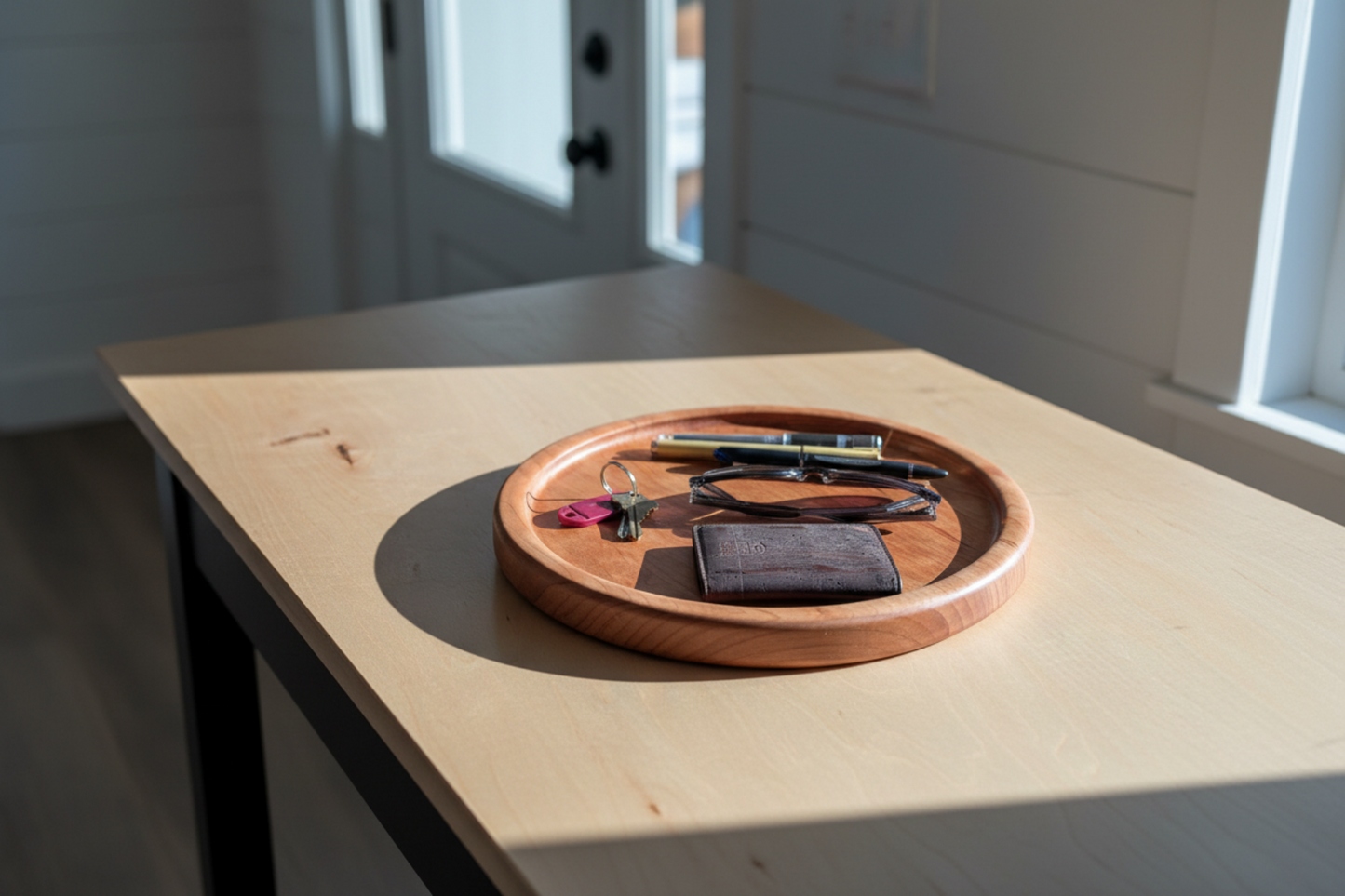 Wooden tray with various items on a wooden table