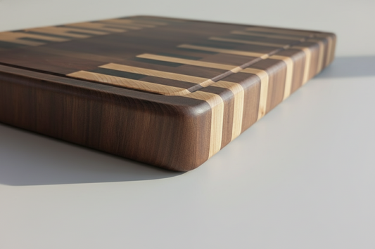 Wooden cutting board with a striped pattern on a light gray background