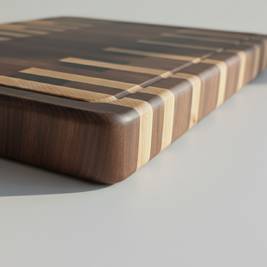 Wooden cutting board with a striped pattern on a light gray background