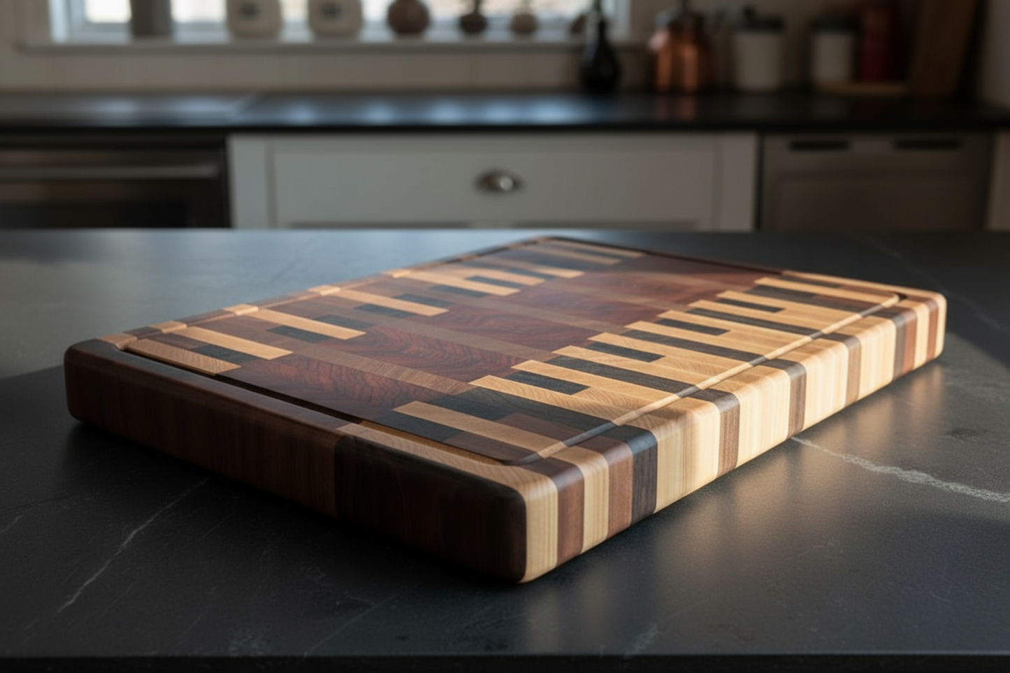 Wooden cutting board on a kitchen counter