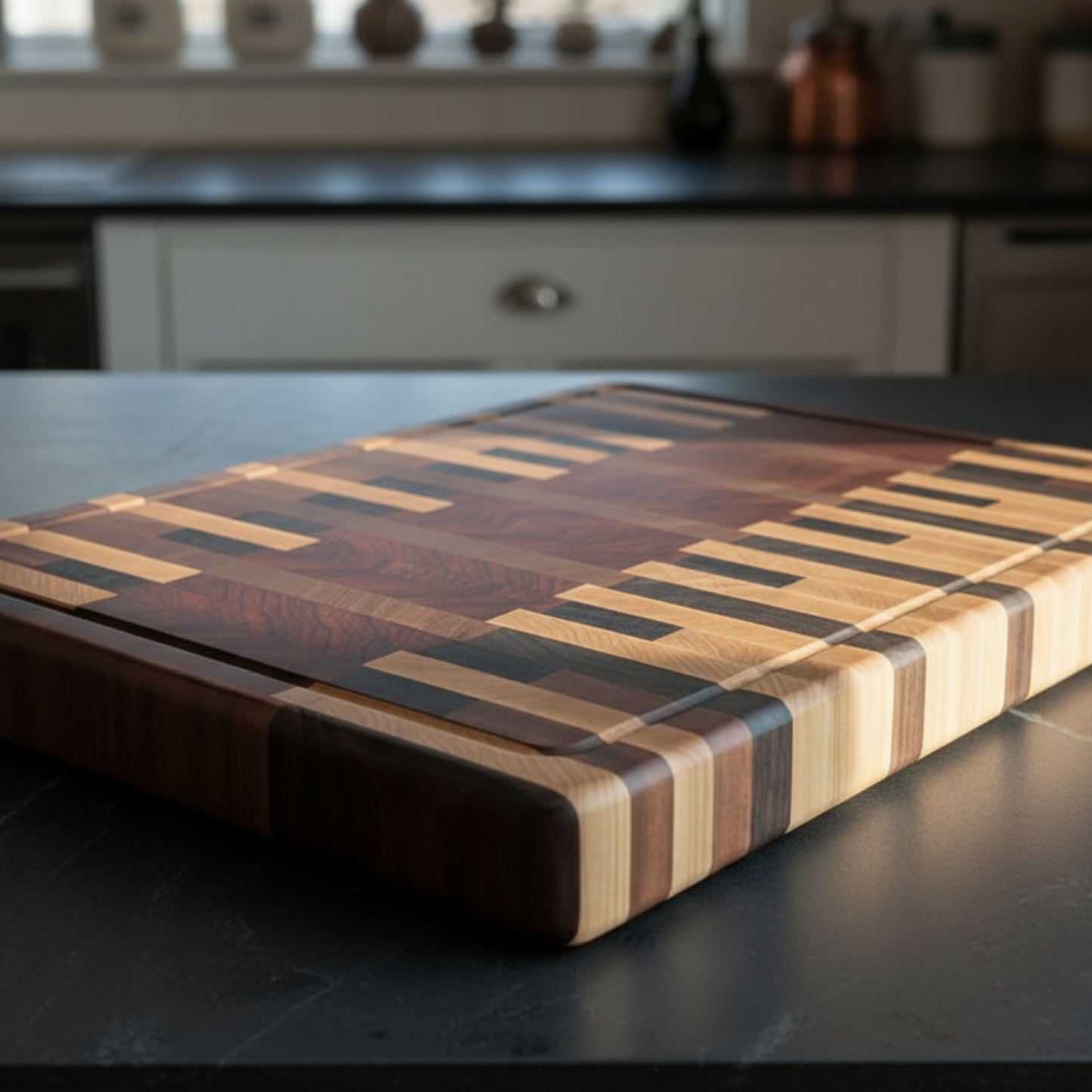 Wooden cutting board on a kitchen counter