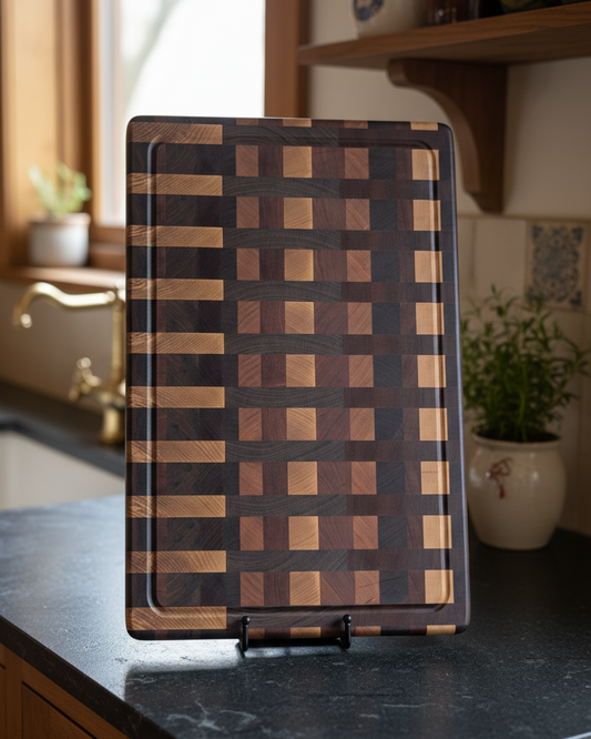 Wooden cutting board with a checkered pattern on a kitchen counter