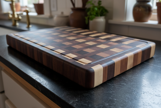 Wooden checkered cutting board on a kitchen counter with plants in the background
