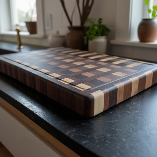 Wooden checkered cutting board on a kitchen counter with plants in the background