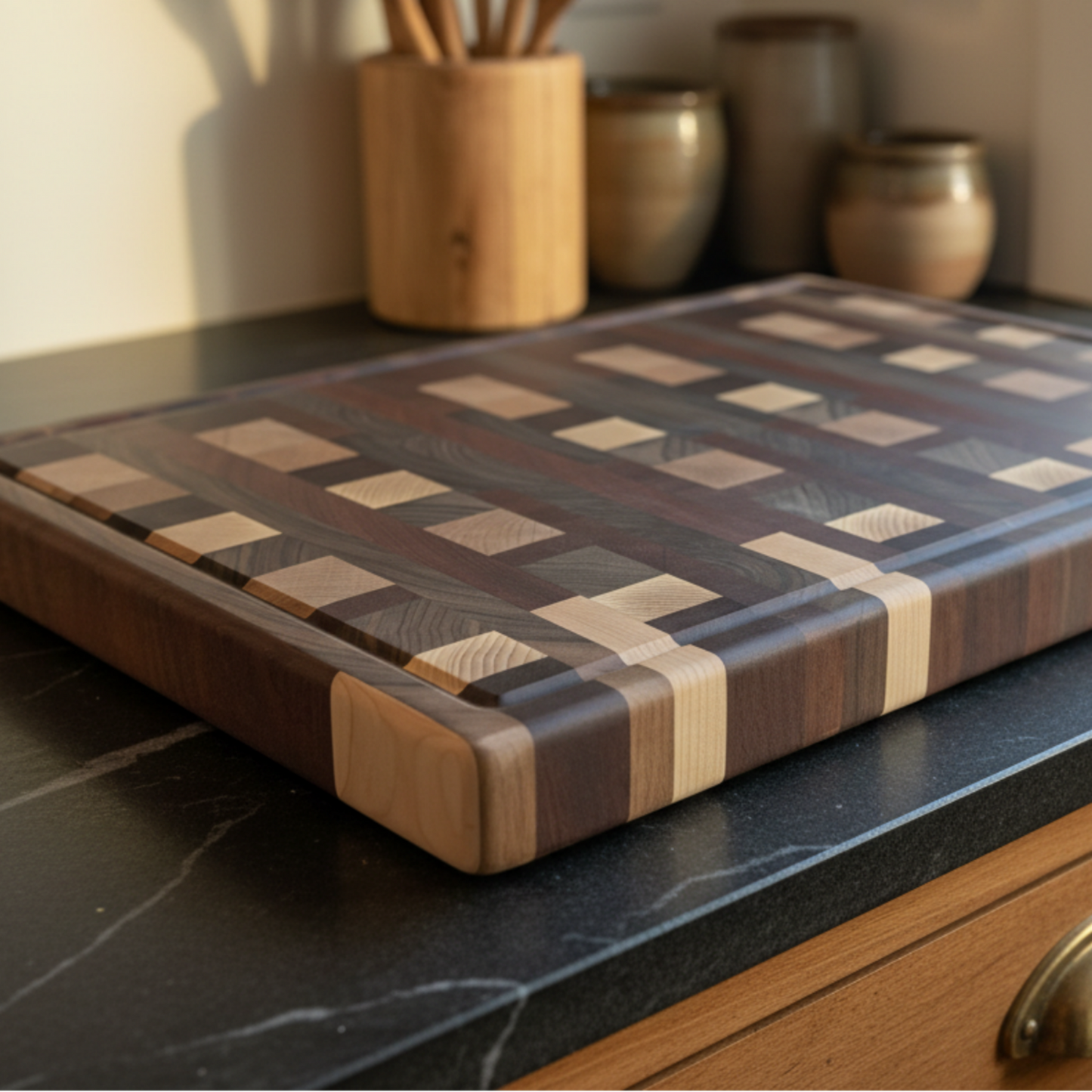 Wooden cutting board on a kitchen counter with utensils in the background