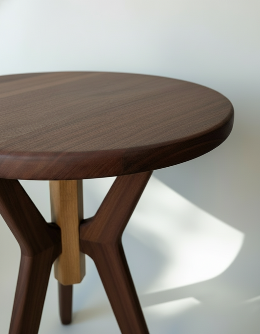 Wooden kitchenette table with white background.