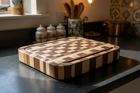 Wooden cutting board with checkered pattern on a kitchen counter
