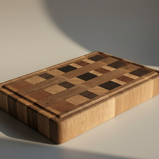 Wooden cutting board with checkered pattern on a neutral background