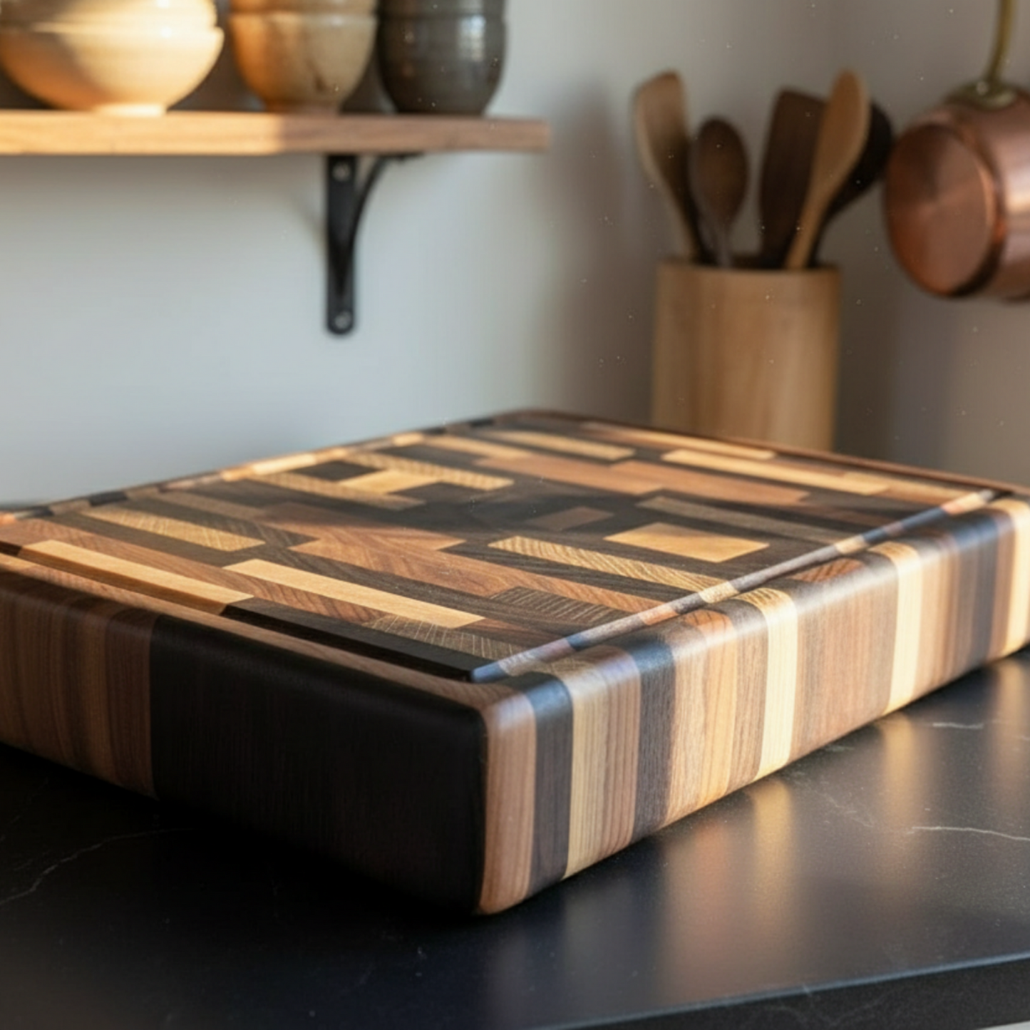 Wooden cutting board on a kitchen counter with utensils and pots in the background