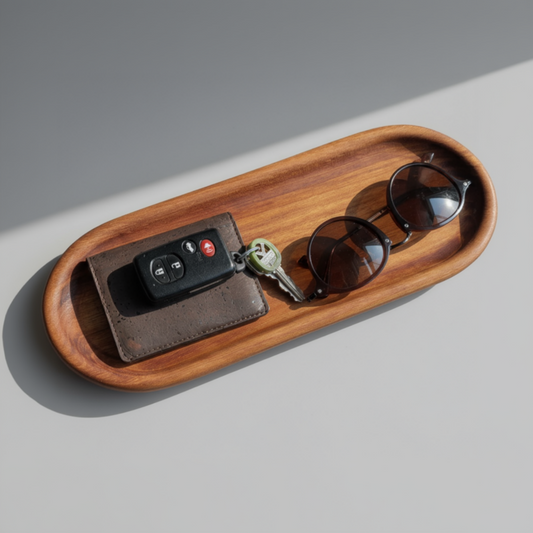 Wooden tray with sunglasses and car keys on a light gray surface
