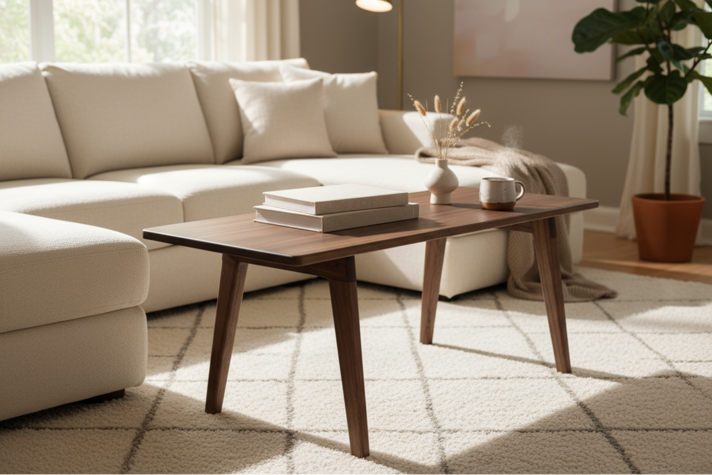 Modern living room with a sectional sofa, coffee table, and decorative elements.