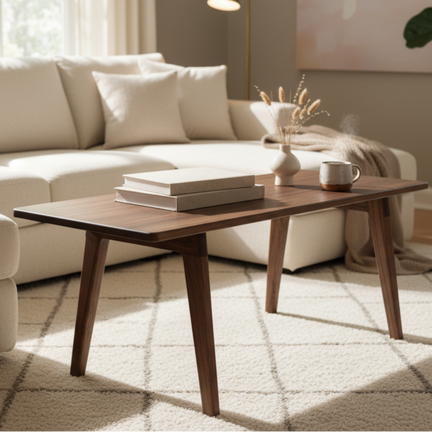 Modern living room with a sectional sofa, coffee table, and decorative elements.