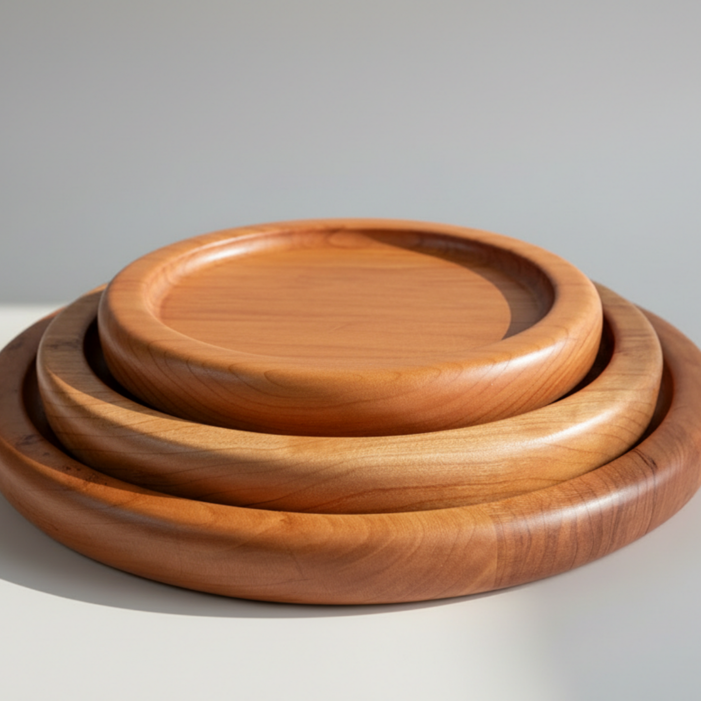 Three wooden trays of different sizes stacked on a light gray background