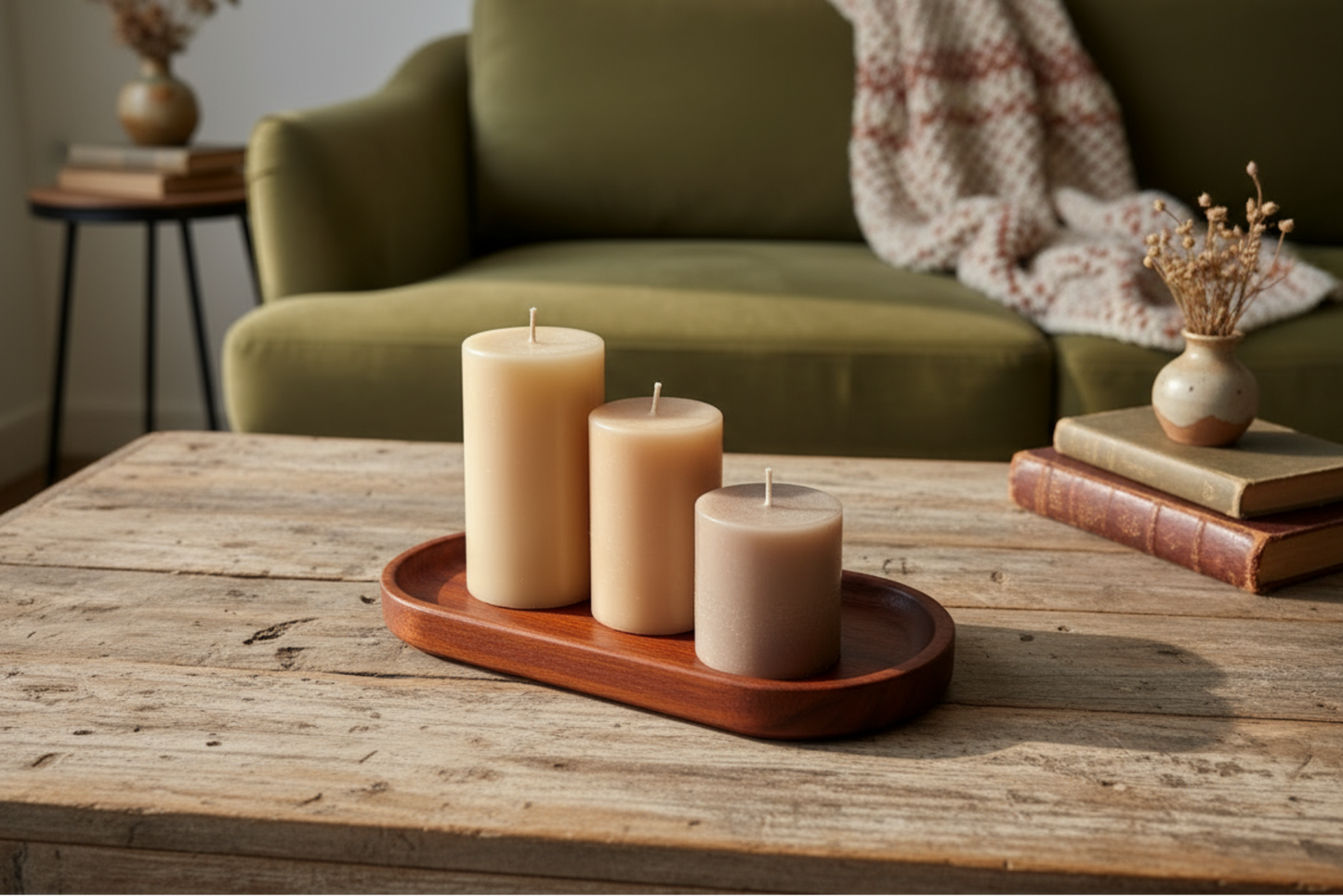 Three candles on a wooden tray with a green sofa and decorative items in the background