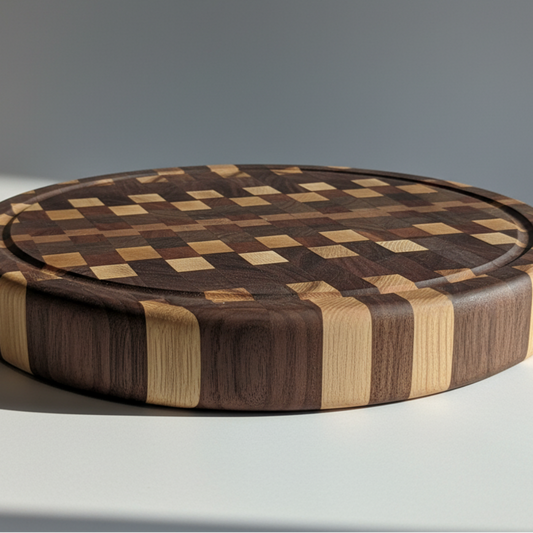 Round wooden cutting board with checkered pattern on a gray background