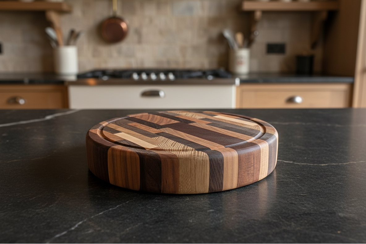 Wooden cutting board on a kitchen counter with a blurred background