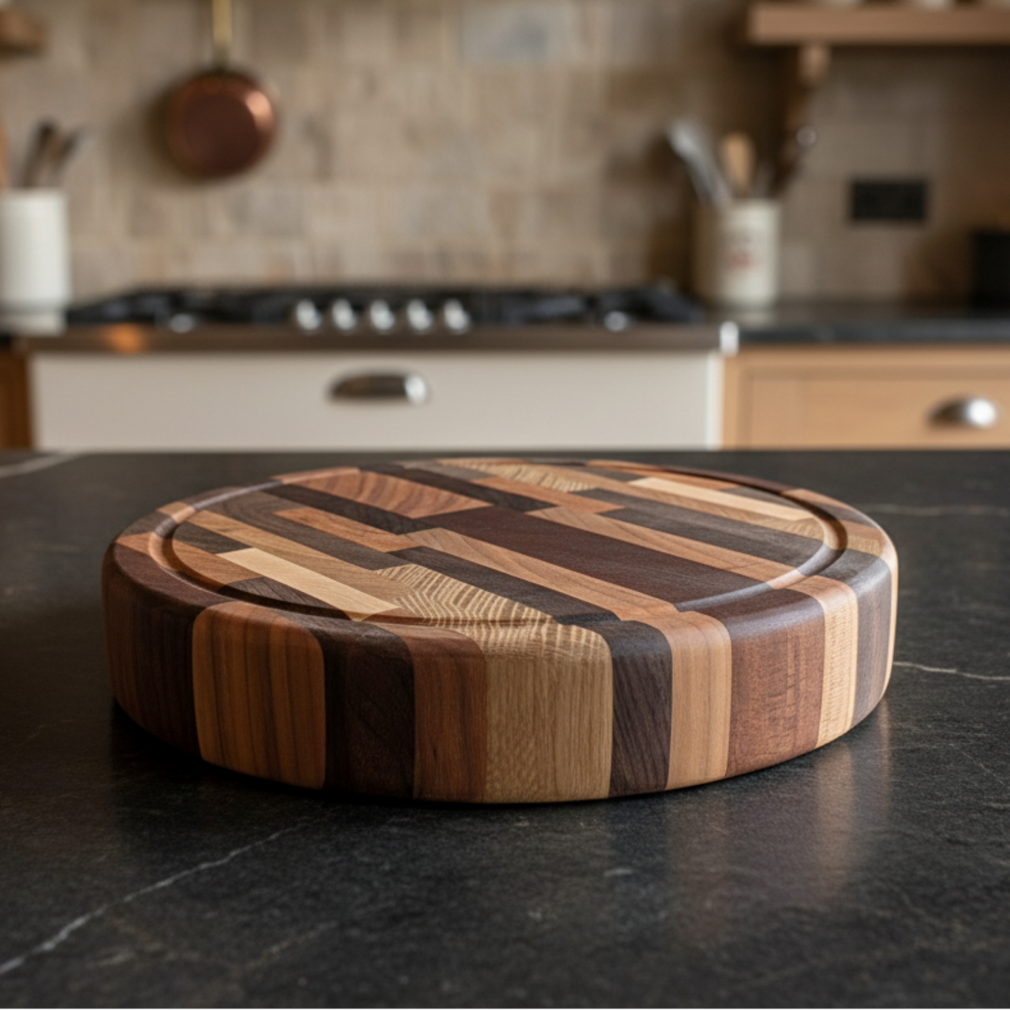 Wooden cutting board on a kitchen counter with a blurred background