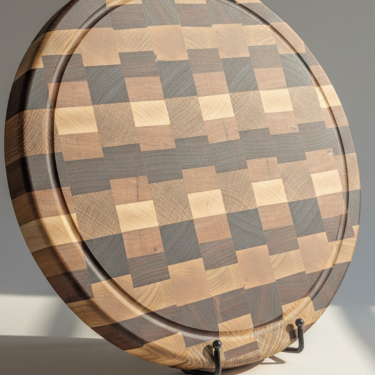Round wooden cutting board with geometric pattern on a gray background