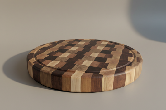 Round wooden cutting board with a geometric pattern on a neutral background