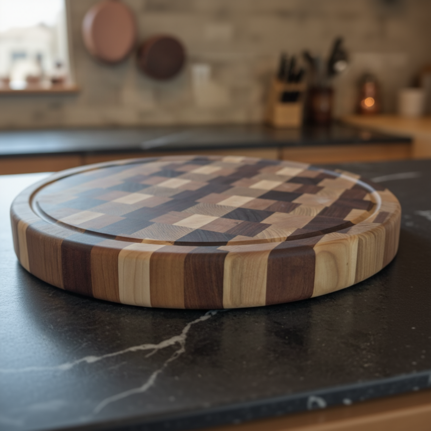 Round wooden cutting board with a checkered pattern on a kitchen counter.