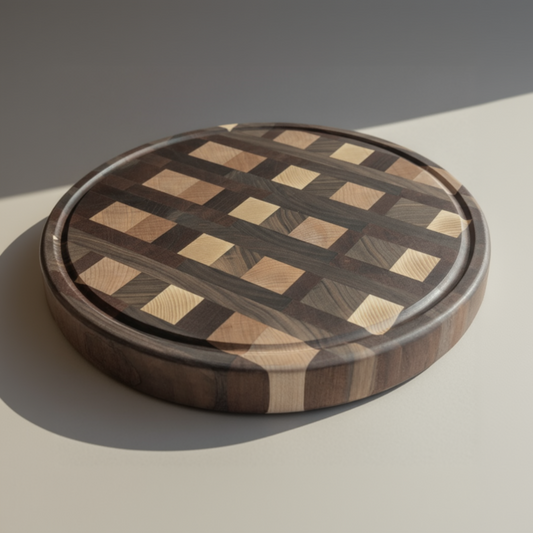 Round wooden cutting board with a checkered pattern on a neutral background