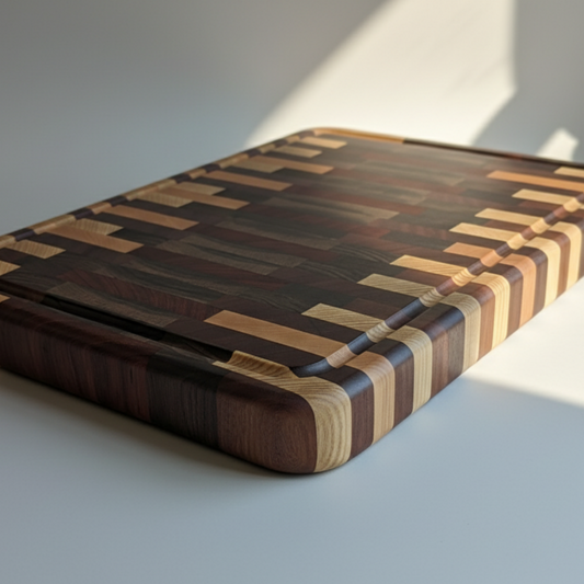 Wooden cutting board with a checkered pattern on a light background