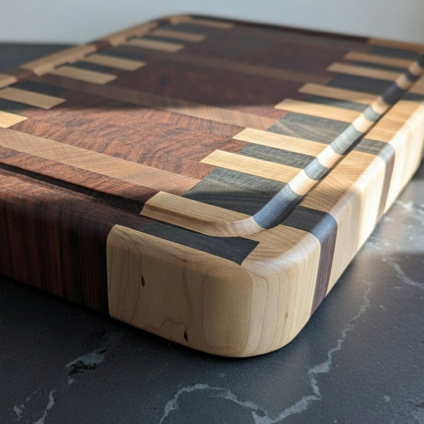 Wooden cutting board with a multicolored grain pattern on a dark surface