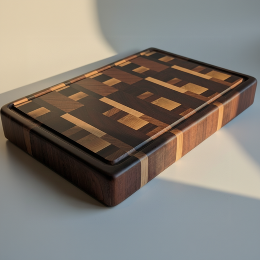 Wooden cutting board with geometric pattern on a light background