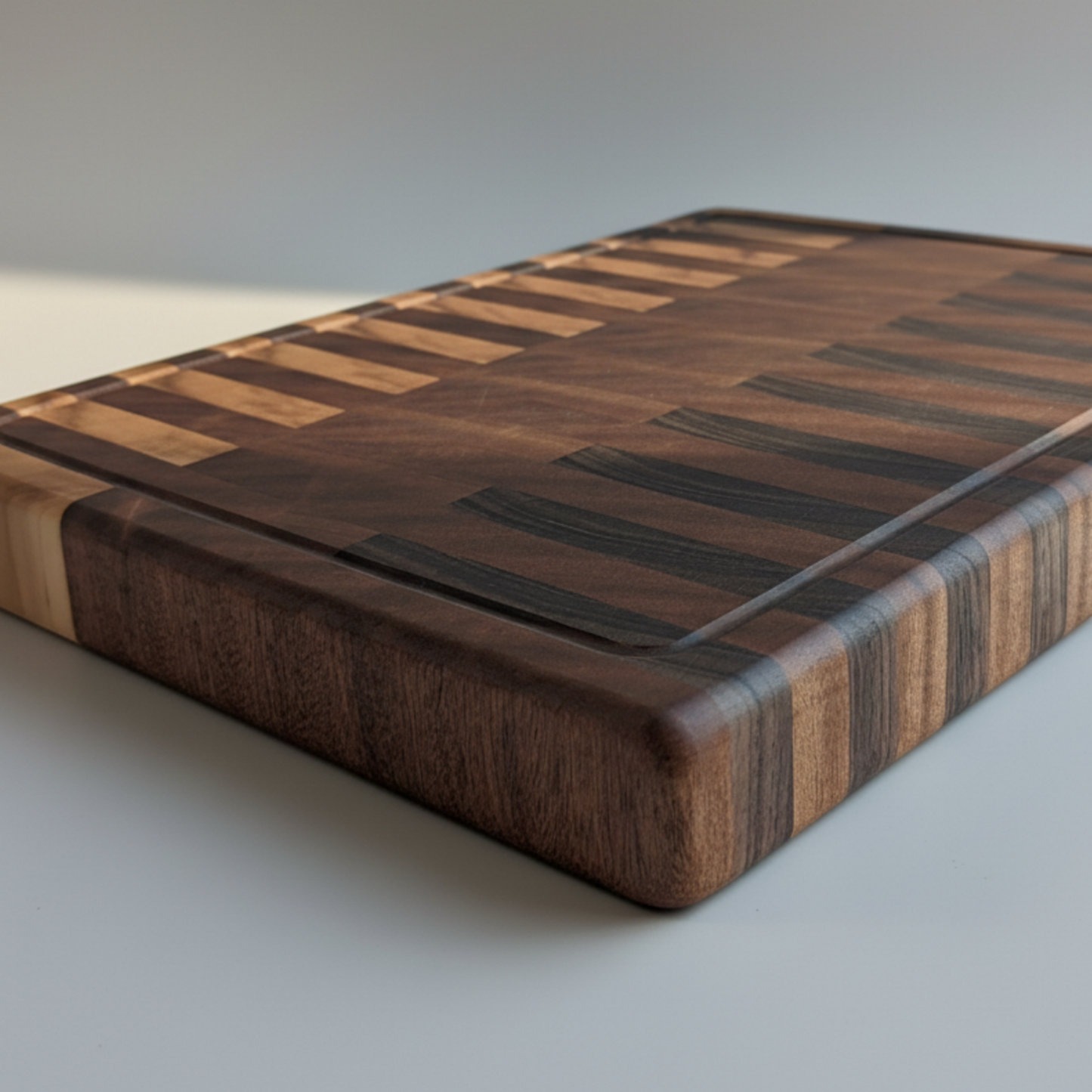 Wooden cutting board with a striped pattern on a light gray background