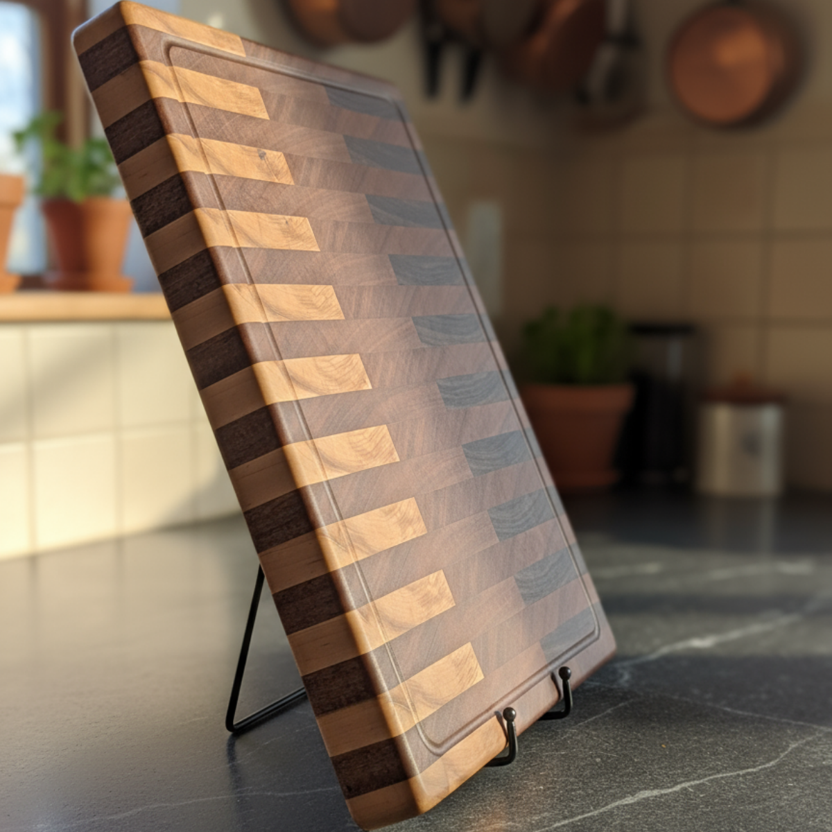 Wooden cutting board with geometric pattern on a kitchen counter