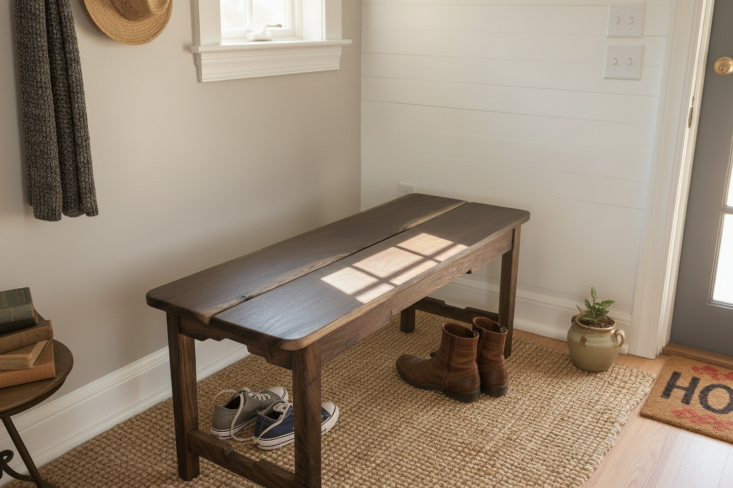 Wooden bench in a room with a rug and door
