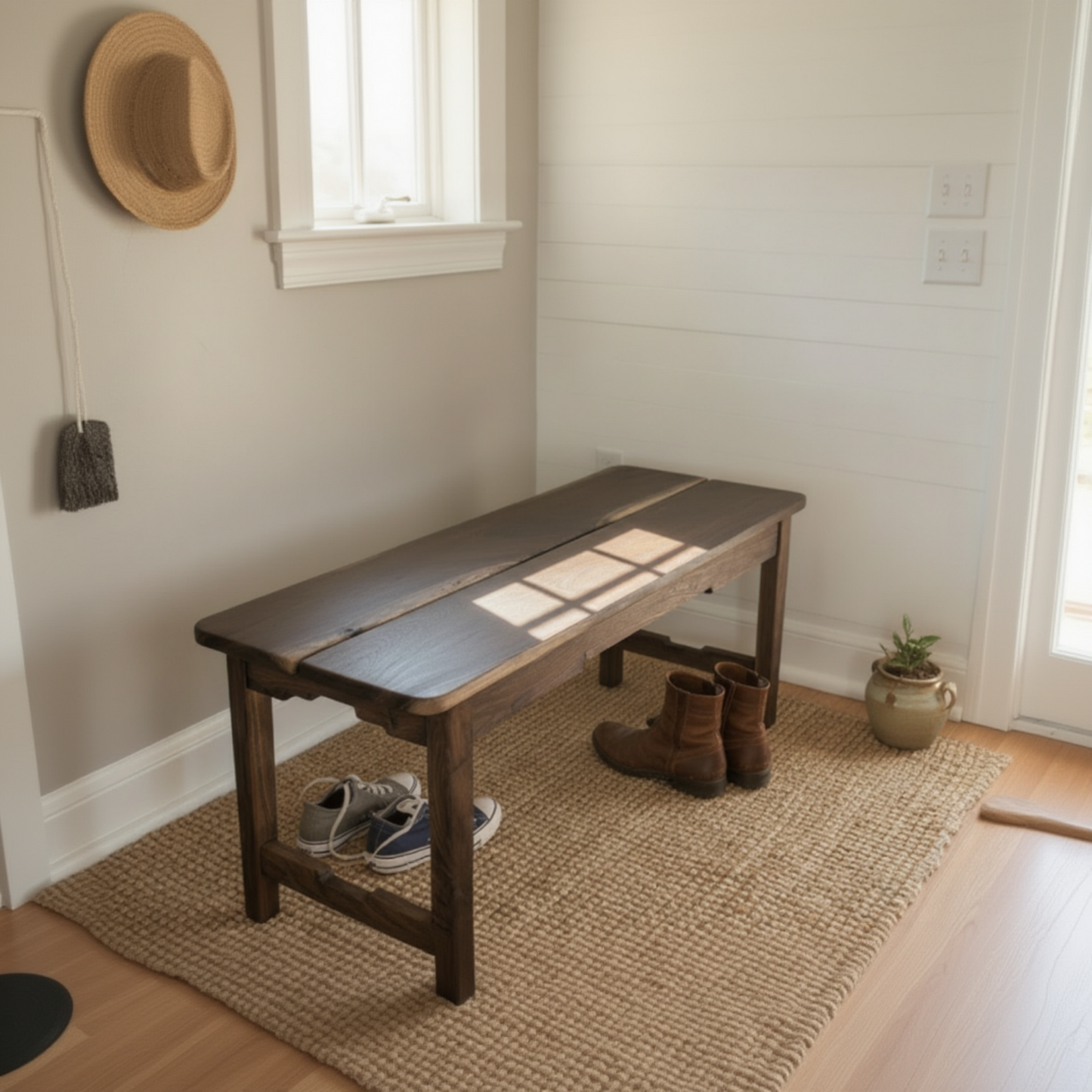 Wooden bench in a room with a rug and door