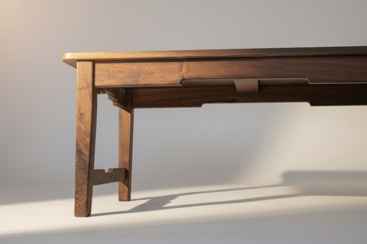 Wooden desk with a drawer on a plain background
