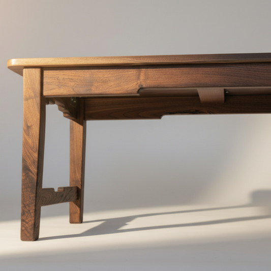 Wooden desk with a drawer on a plain background