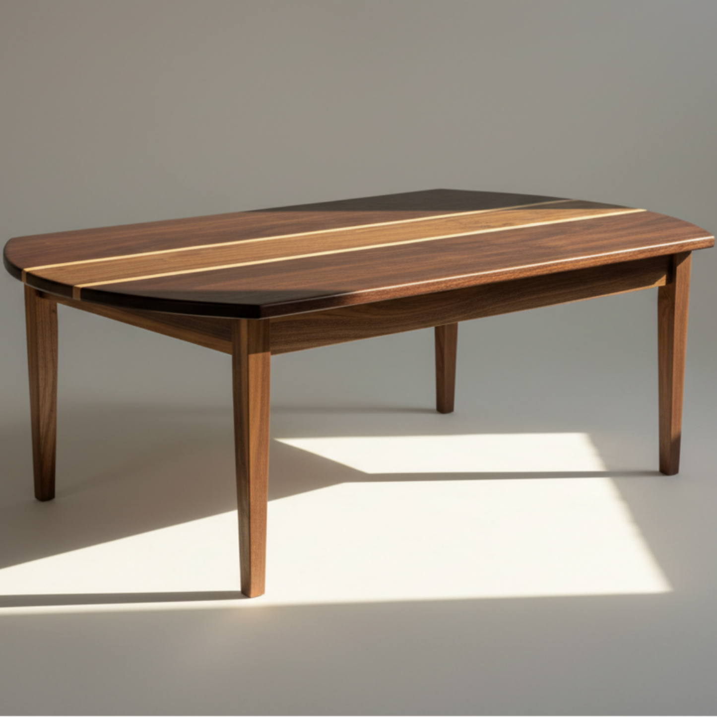 Wooden coffee table with a striped design on a plain background