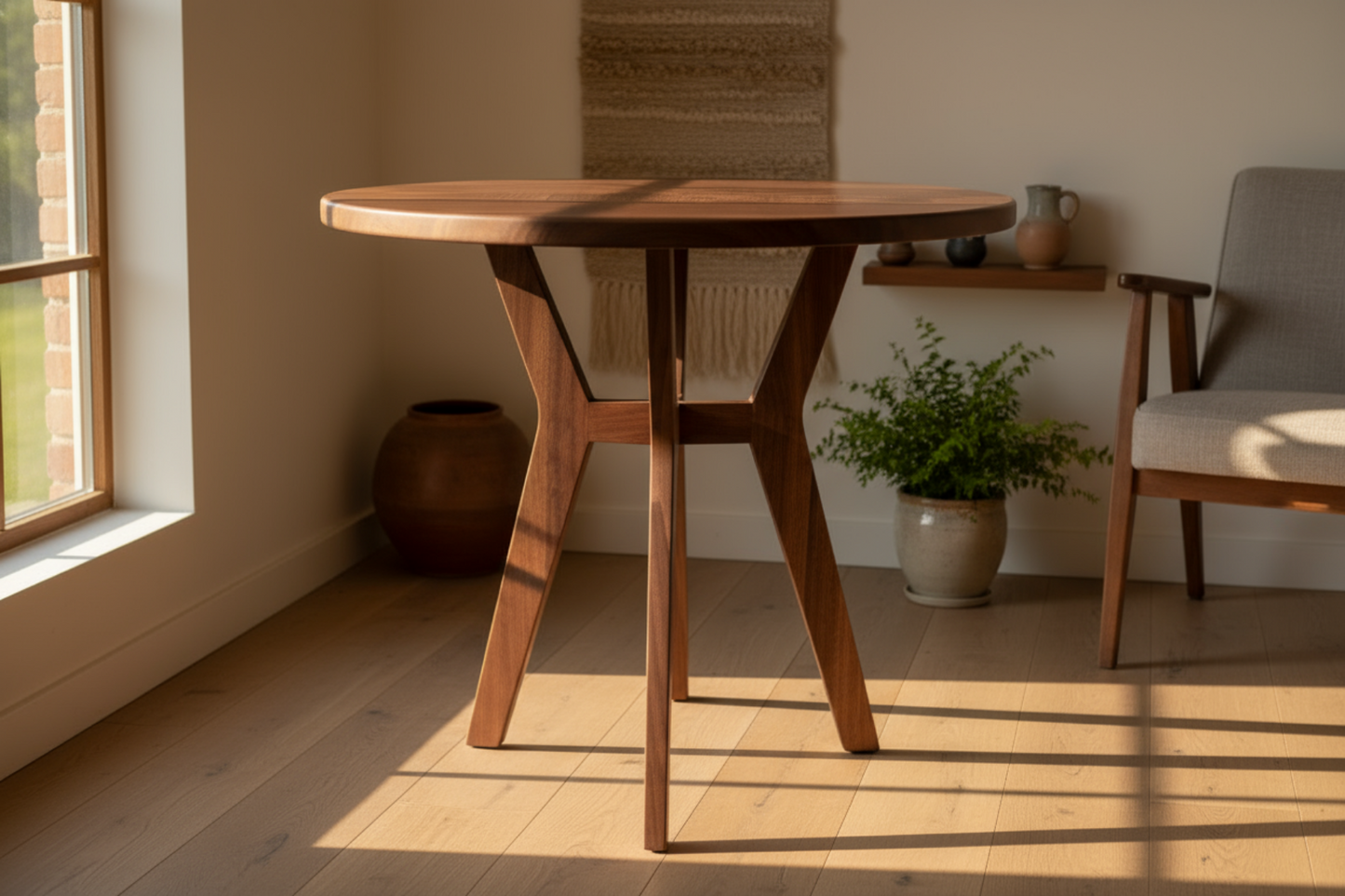 Wooden dining table in a room with sunlight streaming through a window.