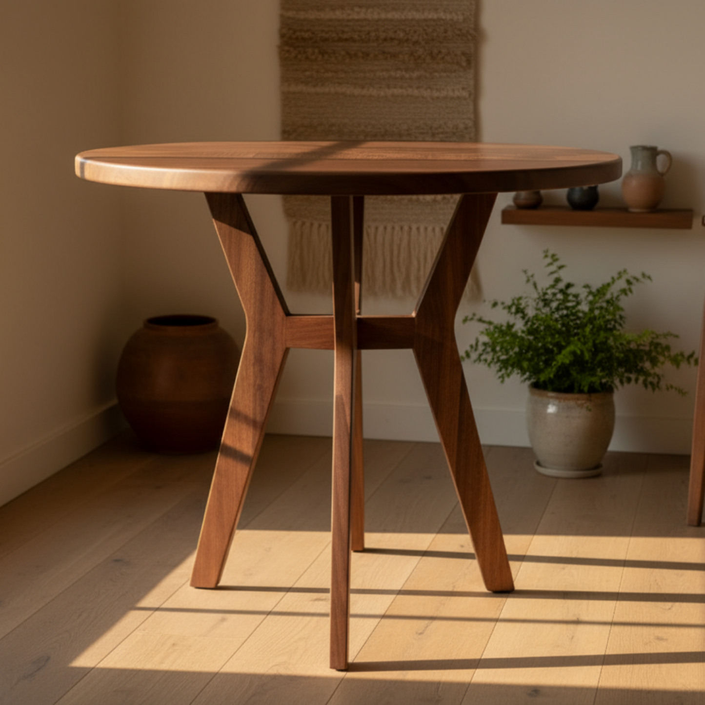 Wooden dining table in a room with sunlight streaming through a window.