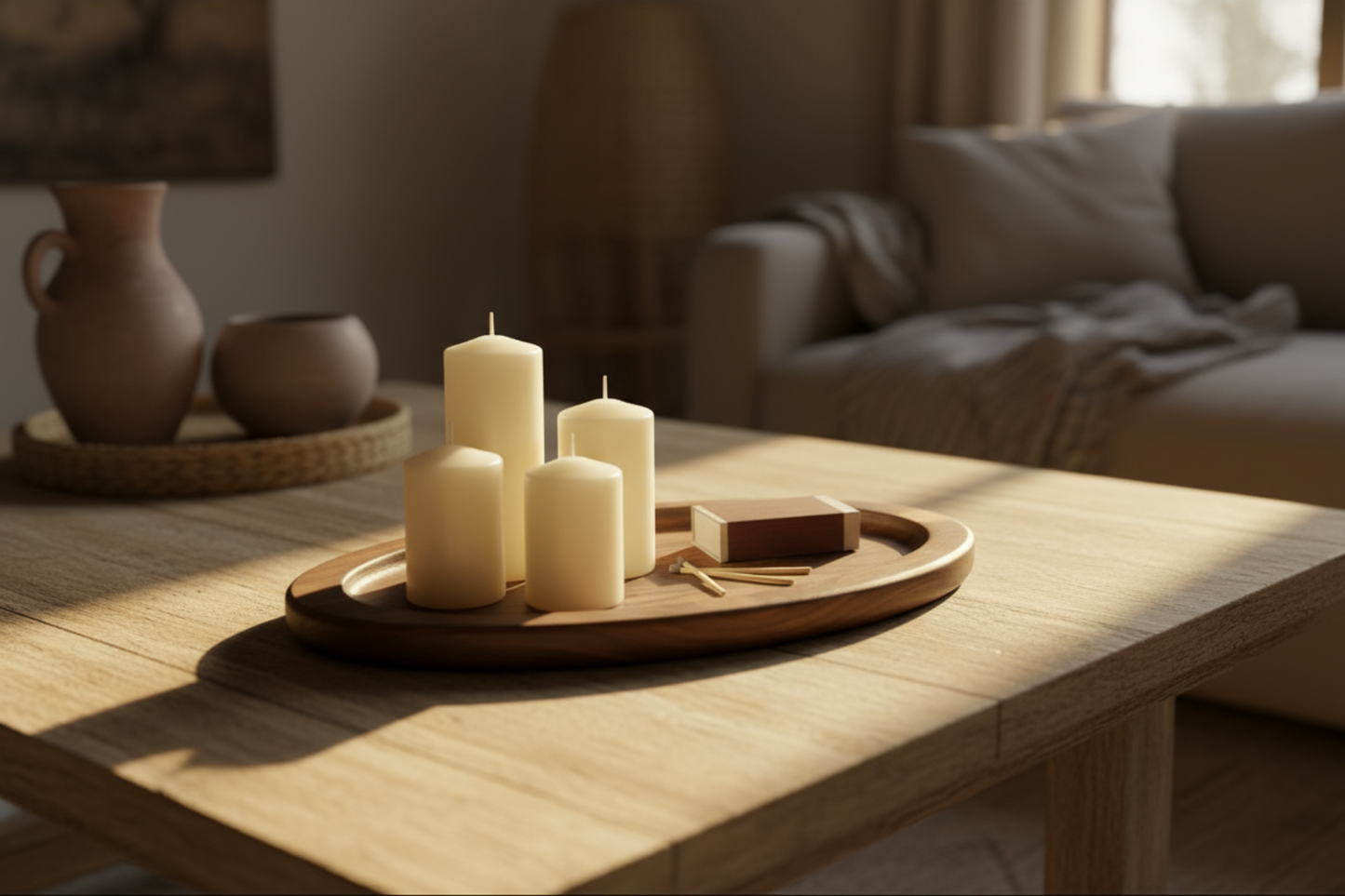 Candles on a wooden tray on a table in a cozy living room.