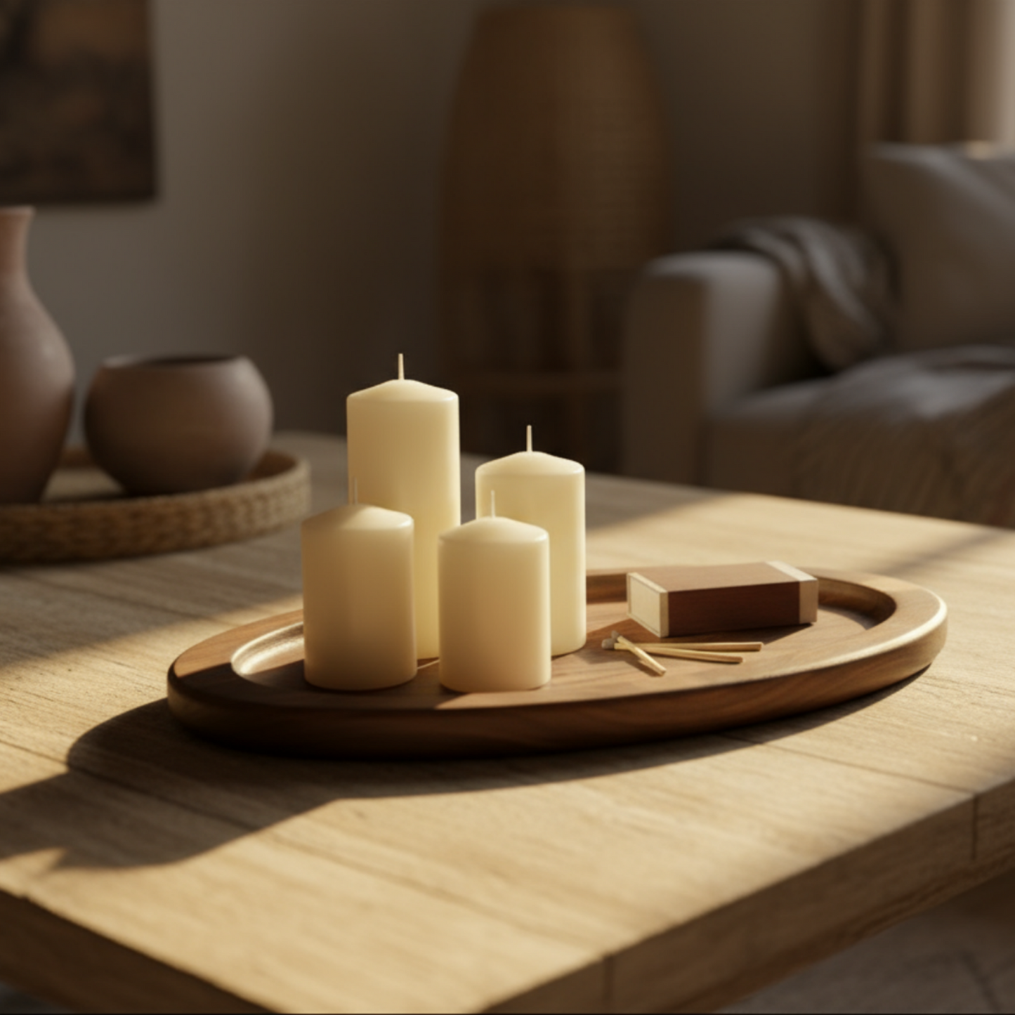 Candles on a wooden tray on a table in a cozy living room.