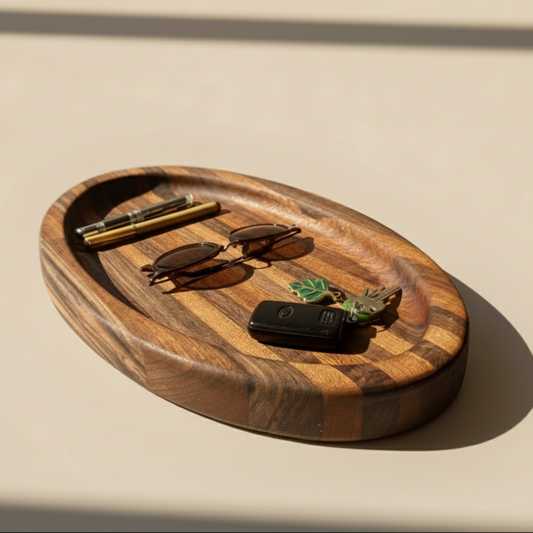 Wooden tray with sunglasses, hairbrush, and key on a beige surface