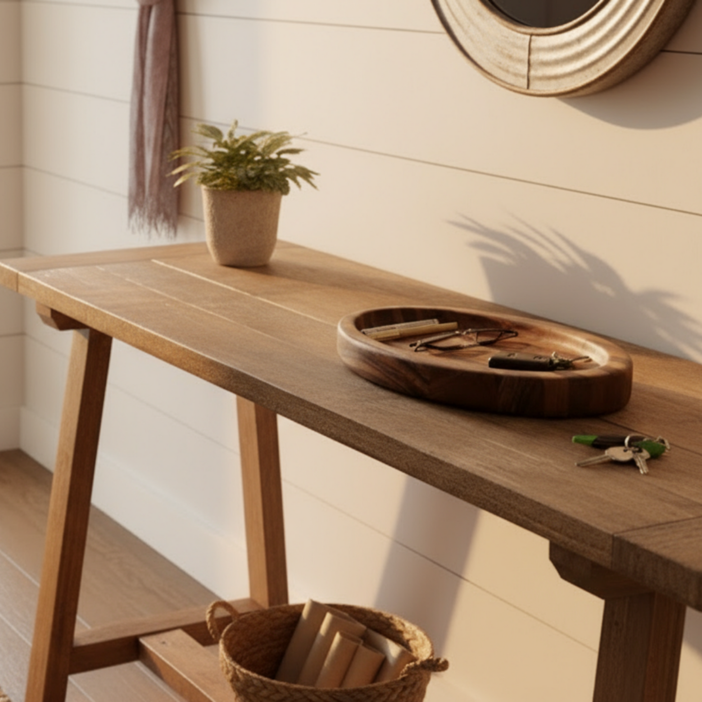 Wooden console table with decorative items in a room with white walls and a rug.