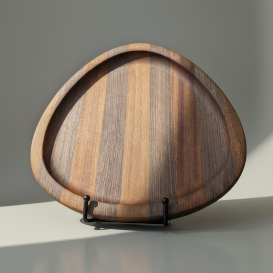 Wooden cutting board with striped pattern on a stand against a gray background