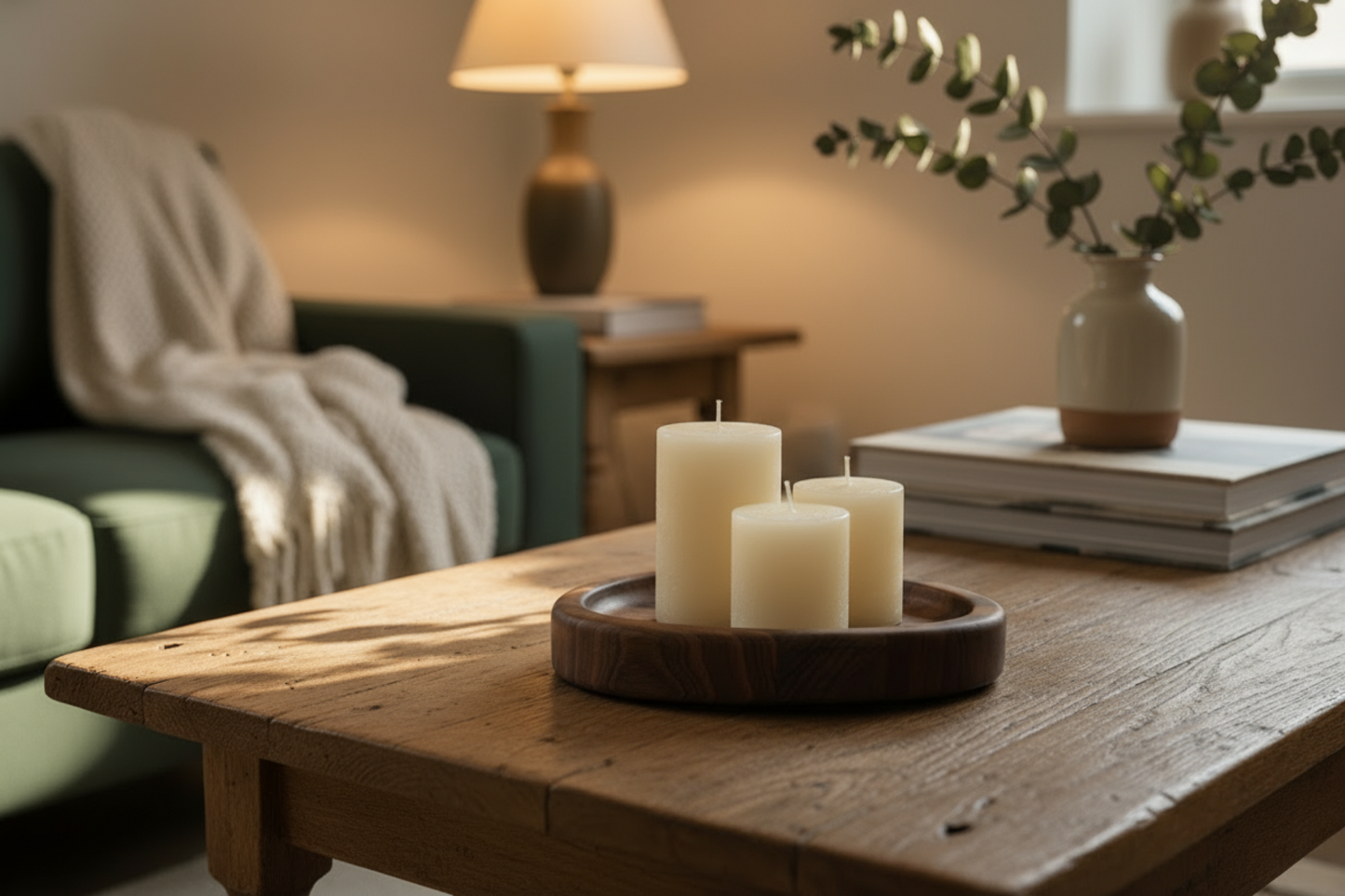Candles on a wooden table in a cozy living room setting