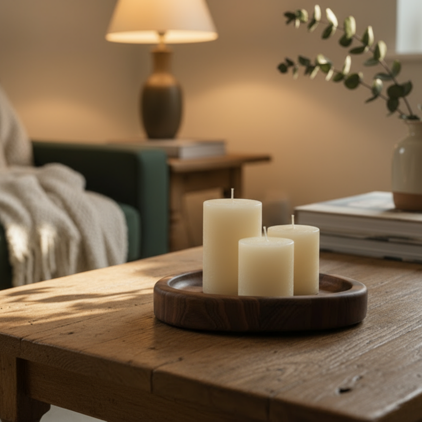 Candles on a wooden table in a cozy living room setting