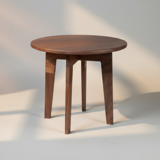 Wooden side table on a light gray background