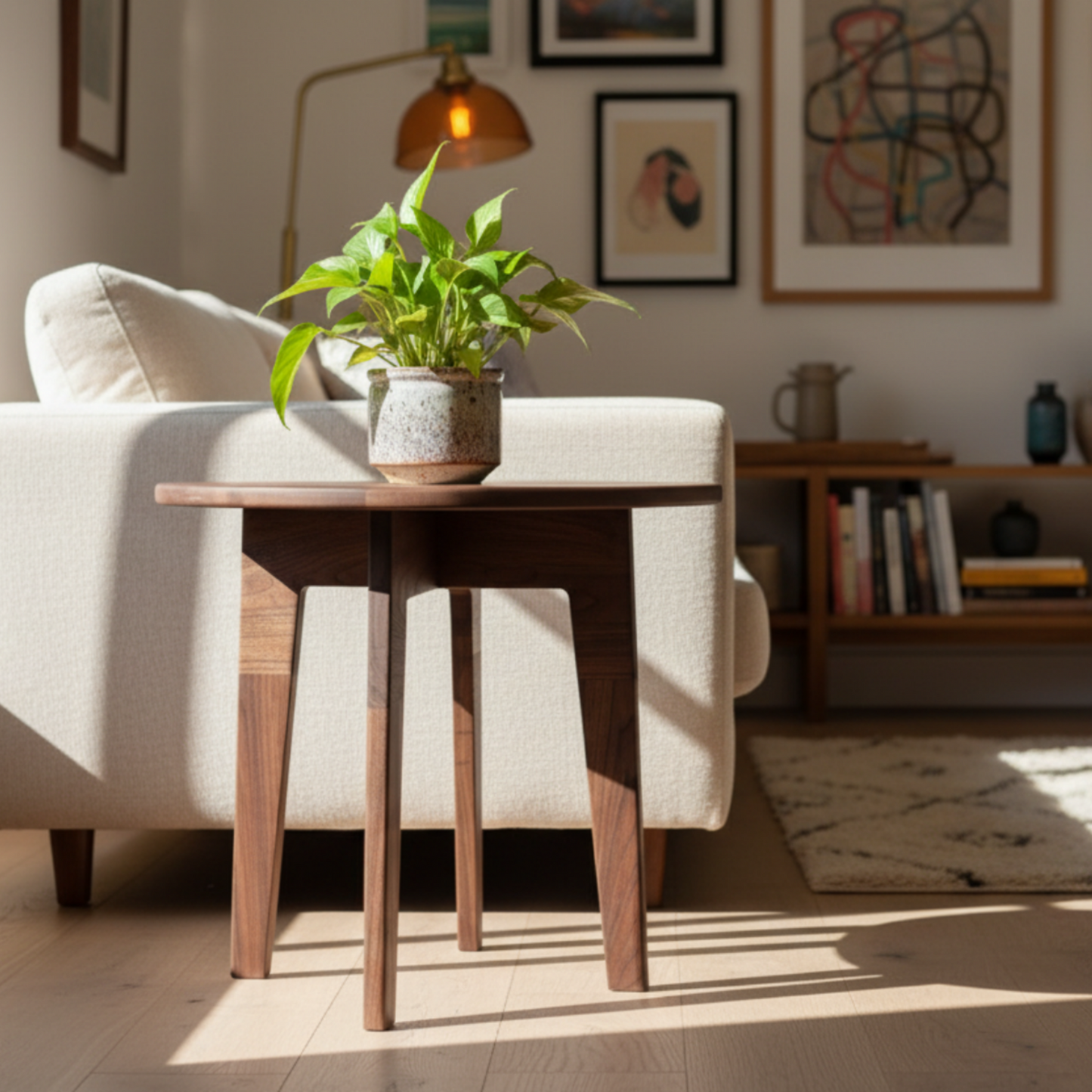 Modern living room with a white armchair, wooden side table, and decorative items.