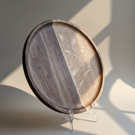 Wooden round tray on a stand with a soft shadow on a light background