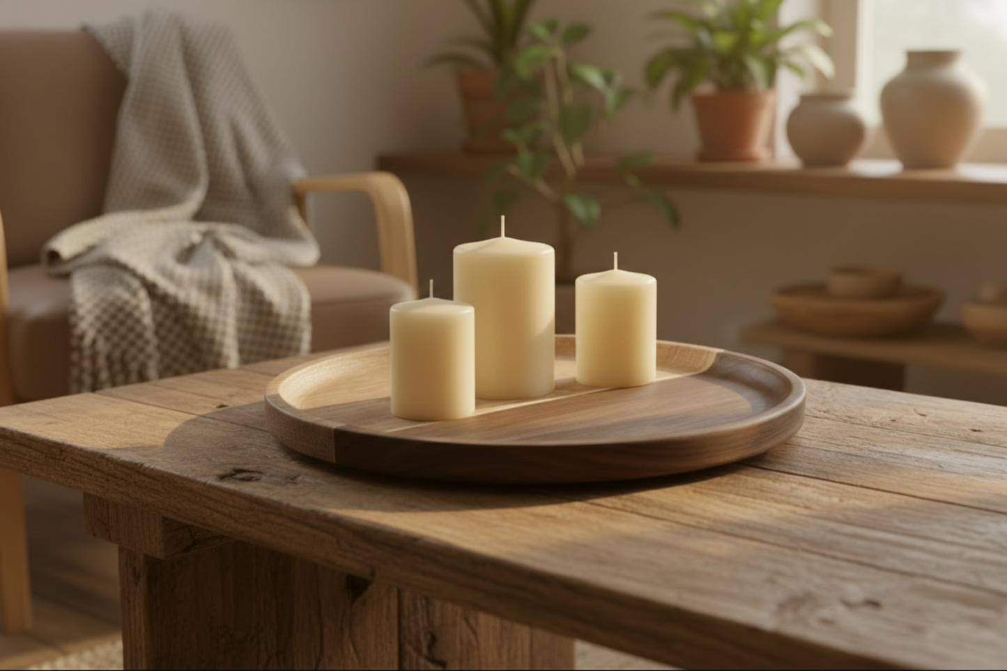 Three candles on a wooden tray in a cozy living room setting.