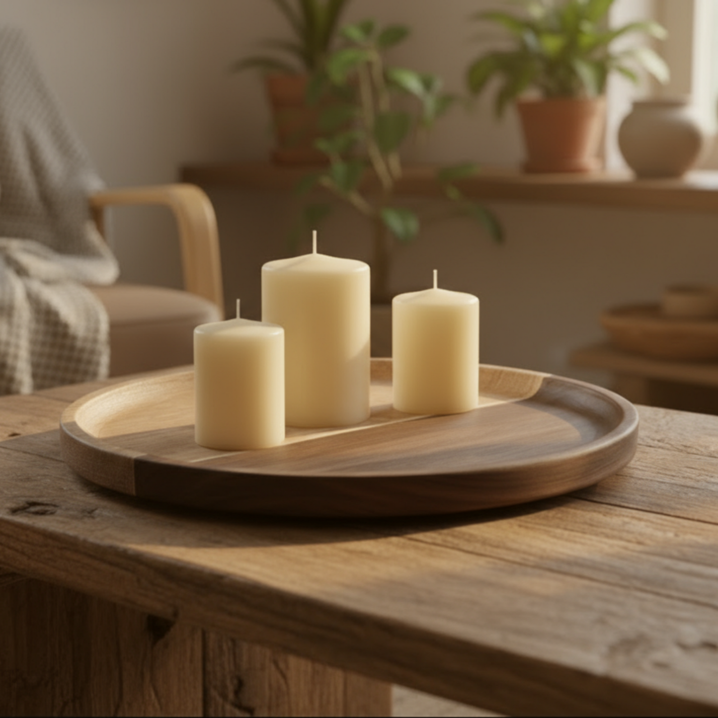 Three candles on a wooden tray in a cozy living room setting.
